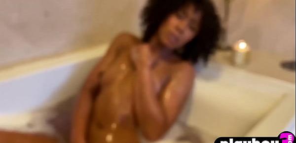  Petite black MILF Misty Stone played with her wet pussy after striptease action